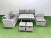 Fimous Outdoor PE Rattan Garden Furniture Set Rectangular Dining Table Sofa Set with 3 Stool 2 Side Tables Light Grey