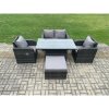 Fimous PE Rattan Outdoor Garden Furniture Set Height Adjustable Rising lifting Dining Table With Love Sofa Chair Big Footstool