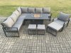 Fimous Aluminium Lounge Corner Sofa Outdoor Garden Furniture Sets Gas Fire Pit Dining Table Set with Chair 3 Footstools Dark Grey