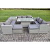 Fimous 11 Seater Outdoor PE Rattan Garden Funiture Set Height Adjustable Rising Lifting Table Sofa Dining Set with Side Table 2 Big Footstools