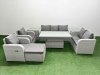 Fimous PE Rattan Garden Furniture Set Reclining Chair Sofa Double Love Seat 2 Seater Sofa Lounge Set Adjustable Lifting Dining or Coffee Table Big Footstool 2 Side Table Light Grey