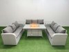 Fimous PE Rattan Lounge Sofa Set 9 Seater Outdoor Garden Furniture Set with Firepit Dining Table 3 Seater Sofa 2 Side Table Light Grey