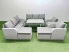 Fimous Rattan High Back Lounge Sofa Set Patio Dining Table & Chairs Set with 3 Seater Sofa 2 Reclining Chairs 2 Big Stool Light Grey