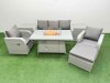 Fimous PE Rattan Garden Furniture Set Reclining Chair Sofa Lounge Sofa Set Firepit Dining Table 2 Side Table Big Footstool Light Grey
