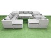 Fimous 10 Seater Garden Furniture Set PE Ratten Garden Sofa Set with Rectangular Dining Table 2 Big Stool 2 Side Tables Light Grey