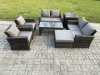 Fimous 7 Seater Dark Grey Mixed High Back Rattan Sofa Set Coffee Table Garden Furniture Outdoor Patio With Love Sofa Arm Chairs Big footstool Side Table