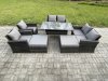 Fimous 8 Seater High Back Outdoor Garden Furniture Rattan Sofa Dining Table Set with Armchair 2 Big Footstool Dark Grey Mixed
