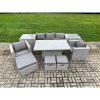Fimous Rattan Outdoor Garden Funiture Set Height Adjustable Rising Lifting Table Sofa Dining Set with 2 Armchairs 2 Side Tables Footstools