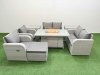 Fimous 7 Seater Outdoor Reclining Chair Love Sofa Set Rattan Garden Furniture Set with Firepit Dining Table Footstool 2 Side Tables Light Grey
