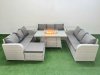 Fimous PE Rattan Lounge Sofa Set 10 Seater Outdoor Garden Furniture Set with Firepit Dining Table 3 Seater Sofa Big Footstool 2 Side Table Light Grey