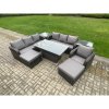 Fimous 9 Seater PE Rattan Outdoor Garden Furniture Sets Height Adjustable Rising lifting Dining Table Sofa Set with 2 Side Tables Reclining Chair 2 Big Footstool