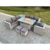 Fimous Light Grey Rattan Fire Pit Garden Furniture Dining Table Set Gas Heater Burner Lounge Sofa With Side Coffee Table