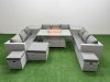 Fimous PE Rattan Lounge Sofa Set Outdoor Garden Furniture Set with Firepit Dining Table 3 Seater Sofa 2 Side Table 3 Stools Light Grey