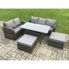 Fimous Outdoor Garden Patio Furniture Wicker Rattan Oblong Rectangular Dining Table and Lounge Sofa set with 2 Big Footstool Dark Grey Mixed