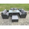 Fimous Rattan Outdoor Garden Furniture Sofa Set Gas Fire Pit Dining Table Gas Heater with Side Table Love Sofa Big Footstool Dark Grey Mixed