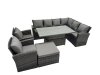 Fimous 9 Seat Rattan Garden Furniture Corner Sofa Set Outdoor Adjustable Lifting Dining or Coffee Table Set with Big Footstool Dark Grey Mixed