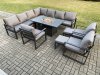 Fimous Aluminium 12 Seater Garden Furniture Outdoor Set Patio Lounge Sofa Gas Fire Pit Dining Table Set with 3 Chairs 2 Small Footstools Dark Grey