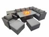 Fimous Garden Rattan Furniture Set 9 Seater Outdoor Corner Sofa Chair Gas Firepit Dining Table Set with 2 Big Stools Side Table Dark Grey