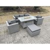 Fimous Light Grey Rattan Fire Pit Garden Furniture Set Gas Heater Burner Chairs With Big Footstool
