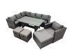 Fimous Outdoor PE Rattan Sofa Set with Dining Table Patio Garden Furniture Sets with Chair 3 Stool Dark Grey Mixed