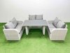 Fimous 6 Seater Patio Garden Furniture Sets with Black Glass Top Dining Table Love Sofa Light Grey
