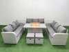 Fimous PE Rattan Lounge Sofa Set 11 Seater Outdoor Garden Furniture Set with Firepit Dining Table 3 Seater Sofa 2 Stools 2 Side Table Light Grey