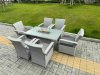 Fimous Light Grey Rattan Outdoor Garden furniture Set Gas Fire Pit Table and 6 Chairs Set with Seat Cushion