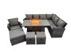 Fimous Outdoor Furniture Garden Dining Set Rattan Corner Sofa Chair Set Gas Fire Pit Table with Temper Glass 3 Footstools Dark Grey Mixed