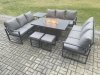 Fimous Aluminium 11 Seater Garden Furniture Outdoor Set Patio Lounge Sofa Gas Fire Pit Dining Table Set with 2 Small Footstools Side Table Dark Grey