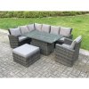 Fimous 8 Seater?Outdoor High Back Rattan Adjustable Rising Lifting Dining Table Corner Sofa Set Garden Furniture Set Dark Grey Mixed Left Hand