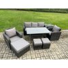 Fimous 8 Pcs Rattan Outdoor Garden Furniture Set Rectangular Dining Table and Chair Sofa Set With Side Table 3 Footstools Dark Grey Mixed