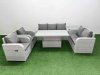 Fimous PE Rattan Garden Furniture Set Reclining Chair Sofa Double Love Seat 2 Seater Sofa Lounge Set Adjustable Lifting Dining or Coffee Table Side Table Light Grey