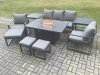 Fimous Aluminium Patio Outdoor Garden Furniture Lounge Sofa Set Gas Fire Pit Dining Table with 2 Side Tables 3 Footstools Dark Grey
