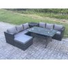 Fimous PE Wicker Outdoor Garden Furniture Set Patio Rattan Rectangular Dining Table Lounge Sofa with Big Footstool Side Table 7 Seater Dark Grey Mixed