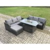 Fimous Rattan Garden Furniture Set with Fire Pit Table 7 Seater Outdoor Patio Lounge Sofa Set Dark Grey Mixed
