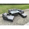 Fimous Garden Patio Furniture Wicker Rattan Gas Fire Pit Table and Sofa Chair set with Side Tables 2 Big Footstool