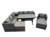 Fimous 9 Seater Outdoor Corner Sofa Chair Dining Table Set Garden Rattan Furniture Set with Side Table 2 Big Stool Dark Grey