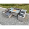 Fimous Light Grey Rattan Fire Pit Garden Furniture Set Gas Heater Burner Lounge Sofa Dining Set 2 Coffee Table Chairs Footstool