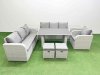Fimous Rattan Garden Furniture Dining Set 9-seater Patio Rectangular Table Sofa Set with 2 Side Tables 2 Small Stools Light Grey