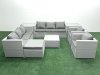 Fimous Outdoor Rattan Sofa Garden Furniture Set with 2 Armchairs Square Coffee Table Big Footstool 2 Side Tables Light Grey Mixed