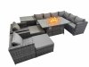 Fimous Garden Rattan Furniture Set 10 Seater Outdoor Corner Sofa 2 Chair Gas Firepit Dining Table Set with 2 Big Stools Side Table Dark Grey