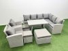 Fimous 11 Seater Garden Outdoor Rattan Furniture Set Rattan Corner Sofa Oblong Dining Table with 2 Armchairs 3 Footstools Light Grey Mixed
