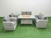 Fimous 6 Seater Outdoor Reclining Chair Love Sofa Set Rattan Garden Furniture Set with Firepit Dining Table Side Table Light Grey
