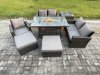 Fimous 7 Seater Rattan Outdoor Garden Furniture Gas Fire Pit Table Sets Gas Heater with Love Sofa Armchair 2 Big Footstool Side Table Dark Mixed Grey