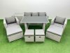 Fimous Patio Garden Furniture Sets with Black Glass Top Dining Table Armchair 3 Seater Sofa Side Table 4 Stools Light Grey
