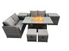 Fimous 6-seater Patio Gas Firpit Dining Table Sofa Sets Rattan Garden Furniture Dining Set with 2 Side Tables 2 Small Stools Dark Grey Mixed