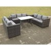 Fimous Outdoor Rattan Garden Furniture Lounge Sofa Set With Oblong Dining Table With Clear Tempered Glass