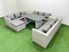 Fimous Patio Outdoor Garden Furniture Sets with Black Glass Top Dining Table 3 Seater Sofa 2 Side Tables Big Stool Light Grey