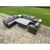 Fimous Outdoor Rattan Garden Furniture Sets Height Adjustable Rising lifting Dining Table Sofa Set with Reclining Chair 2 Side Tables Dark Grey Mixed
