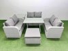 Fimous Rattan Garden Furniture Dining Set 7-seater Patio Rectangular Table Love Sofa Set with Side Table Big Stool